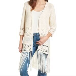 BlankNYC Jump Ship Cream Fringe Hem Cardigan.